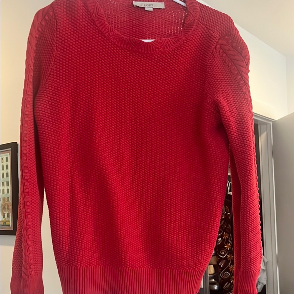 LOFT Red Crew Neck Sweater Ribbed Knit